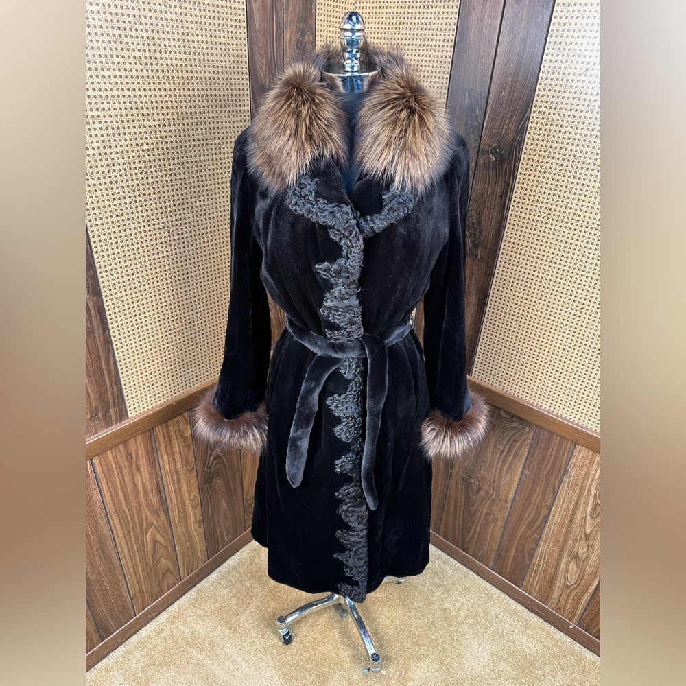 STUNNING SHEARED BLACK MINK & PERSIAN LAMB + FOX TRIM W BELT FUR COAT JACKET 40
